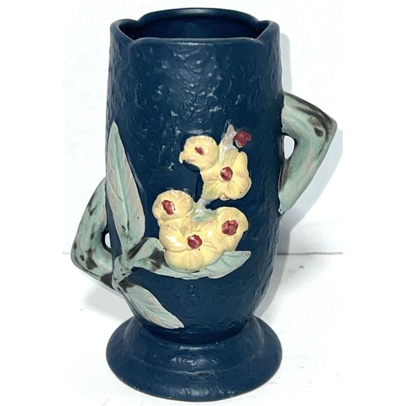 Roseville Pottery Reproduction Blue Rose Floral Flower Double Handle 6"x 5" Vase - Picture 1 of 8